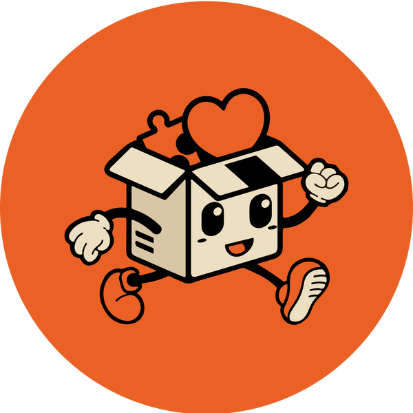 Date in a Crate logo featuring a smiling running box with a heart and puzzle piece.