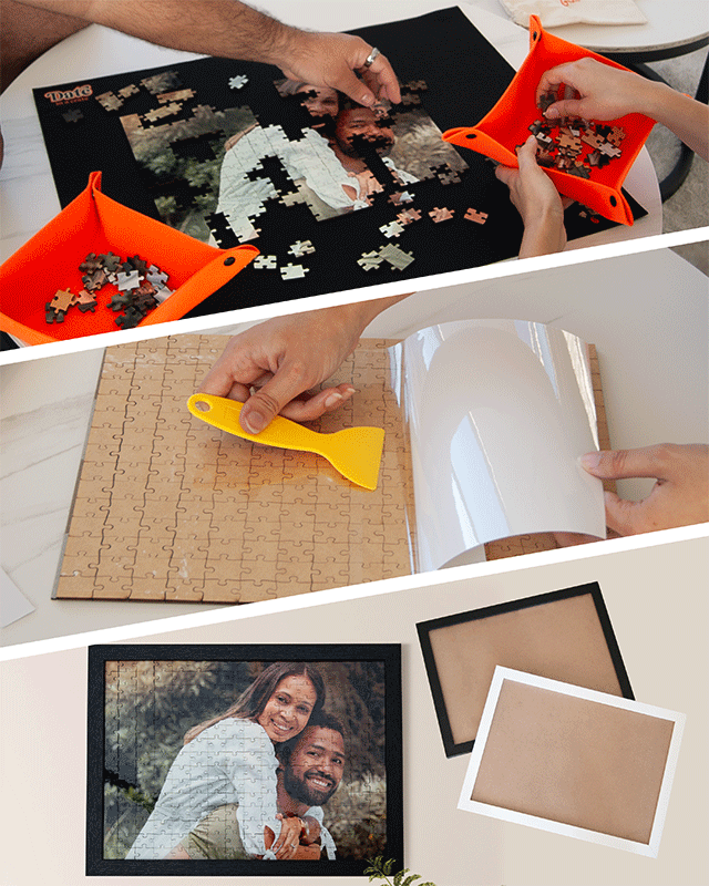 Step-by-step of Date in a Crate Puzzle Crate showing couples assembling, gluing, and framing their custom photo puzzle.