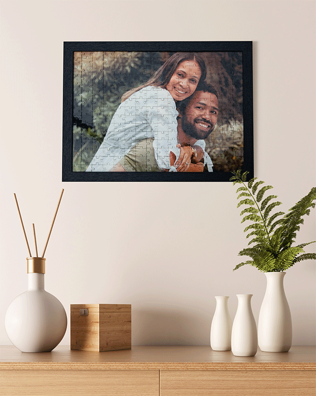 Completed Date in a Crate custom photo puzzle framed as romantic wall art for couples.