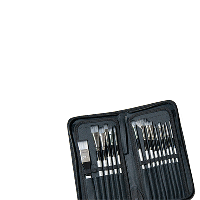 Set of professional paint brushes neatly arranged in a black zippered case.