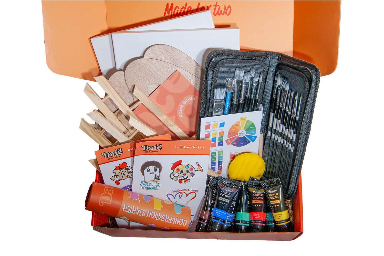 Open Date in a Crate Paint Crate showing included items: wooden easels, paint palettes, paint guide, full paintbrush set in zippered case, color wheel, sponge, acrylic paint tubes, and Conversation Starter game.