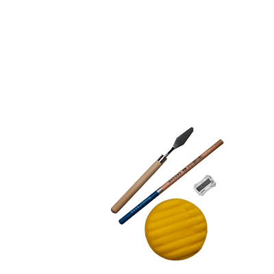 Set of painting tools including a palette knife, paintbrush, pencil sharpener, and yellow sponge, part of the Paint Crate.