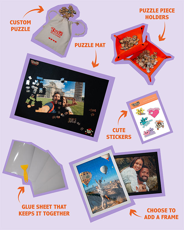 Date in a Crate puzzle kit contents including custom puzzle, mat, holders, stickers, glue sheets, and frame option.