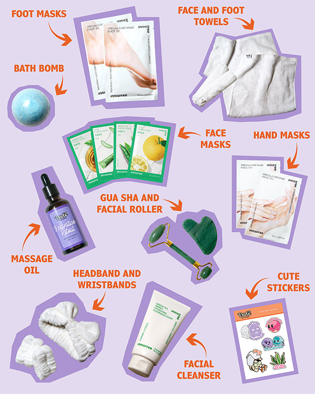 Flat lay of spa crate contents on a lavender background with purple outlines and orange text labels, including foot masks, face and foot towels, an ocean scented bath bomb, hand masks, face masks, jade gua sha and facial roller, massage oil, headband and wristbands, facial cleanser, and a sheet of cute spa-themed stickers.