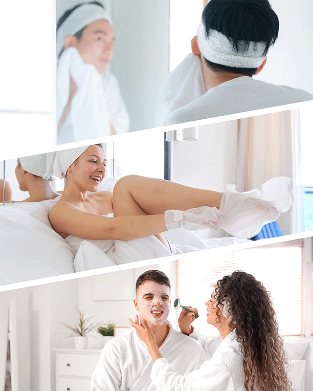 Collage of three spa-at-home moments: a man with a white headband drying his face in the mirror, a woman smiling in bed wearing moisturizing foot masks, and a couple in white robes with the woman using a jade roller on the man’s sheet mask-covered face.