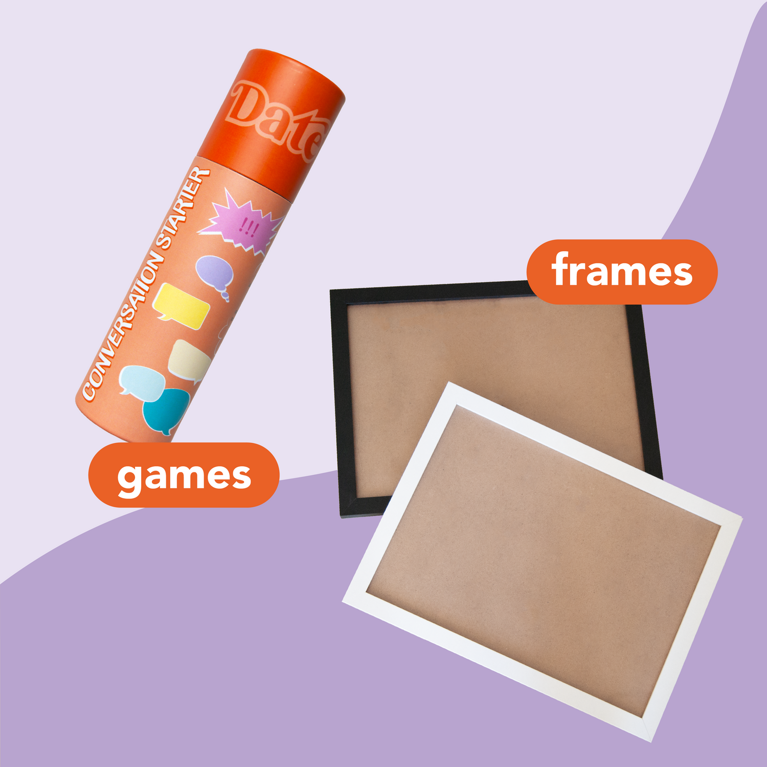 Date in a Crate add-ons, featuring the Conversation Starter game tube with label “games”, and two rectangular puzzle frames in black and white, with label “frames”, on a purple background.