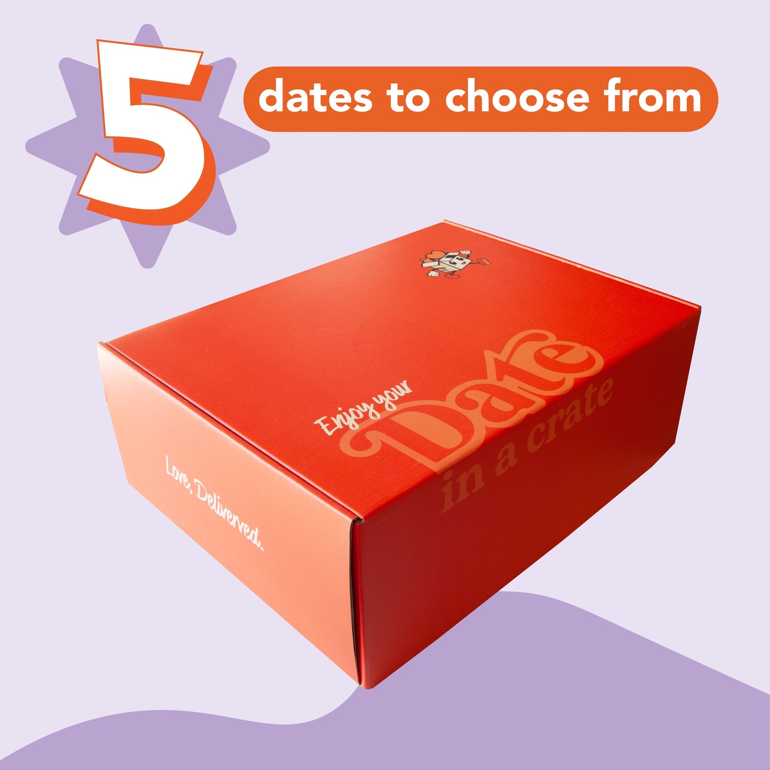 Date in a Crate box on a lavender background, with text overlay “5 dates to choose from” and a playful star graphic highlighting the number 5.