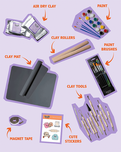 Flat lay of clay crate contents on a lavender background with purple outlines and orange text labels, including two packs of 250g air-dry clay, two wooden clay rollers, a gray silicone clay mat, a set of paints with brushes, a pack of six artist brushes, an 11-piece clay tool set, a roll of magnet tape, and a sheet of cute clay-themed stickers.