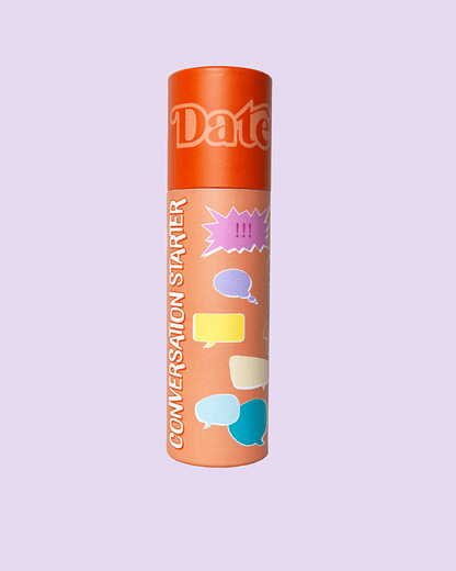 Conversation Starter game tube with orange lid closed, decorated with colourful speech bubble icons and bold white text, standing upright on a light purple background.