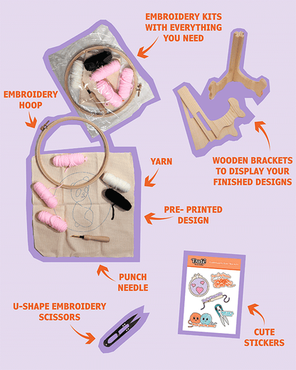 Flat lay of embroidery crate contents on a lavender background with purple outlines and orange text labels, featuring two embroidery kits with hoops, yarn, and pre-printed designs, two wooden display brackets, a punch needle, U-shaped embroidery scissors, and a sheet of cute embroidery-themed stickers.
