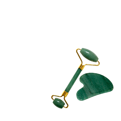 Jade roller and gua sha stone set for facial massage and relaxation.