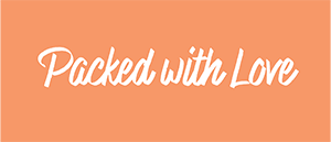 White cursive text “Packed with Love” is centered on an orange background.