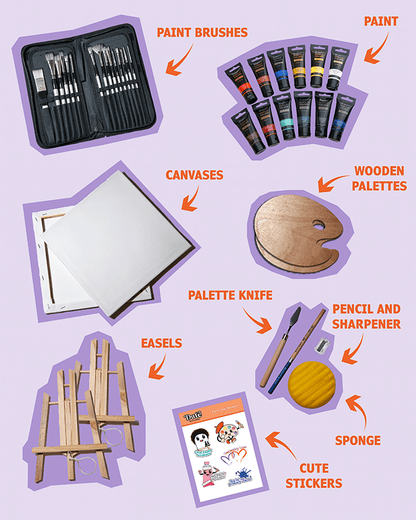Flat lay of painting crate contents on a lavender background with purple outlines and orange text labels, including a set of paint brushes in a zippered case, acrylic paint tubes, wooden palettes, blank canvases, a palette knife, pencil and sharpener, sponge, small wooden easels, and a sheet of cute painting-themed stickers.