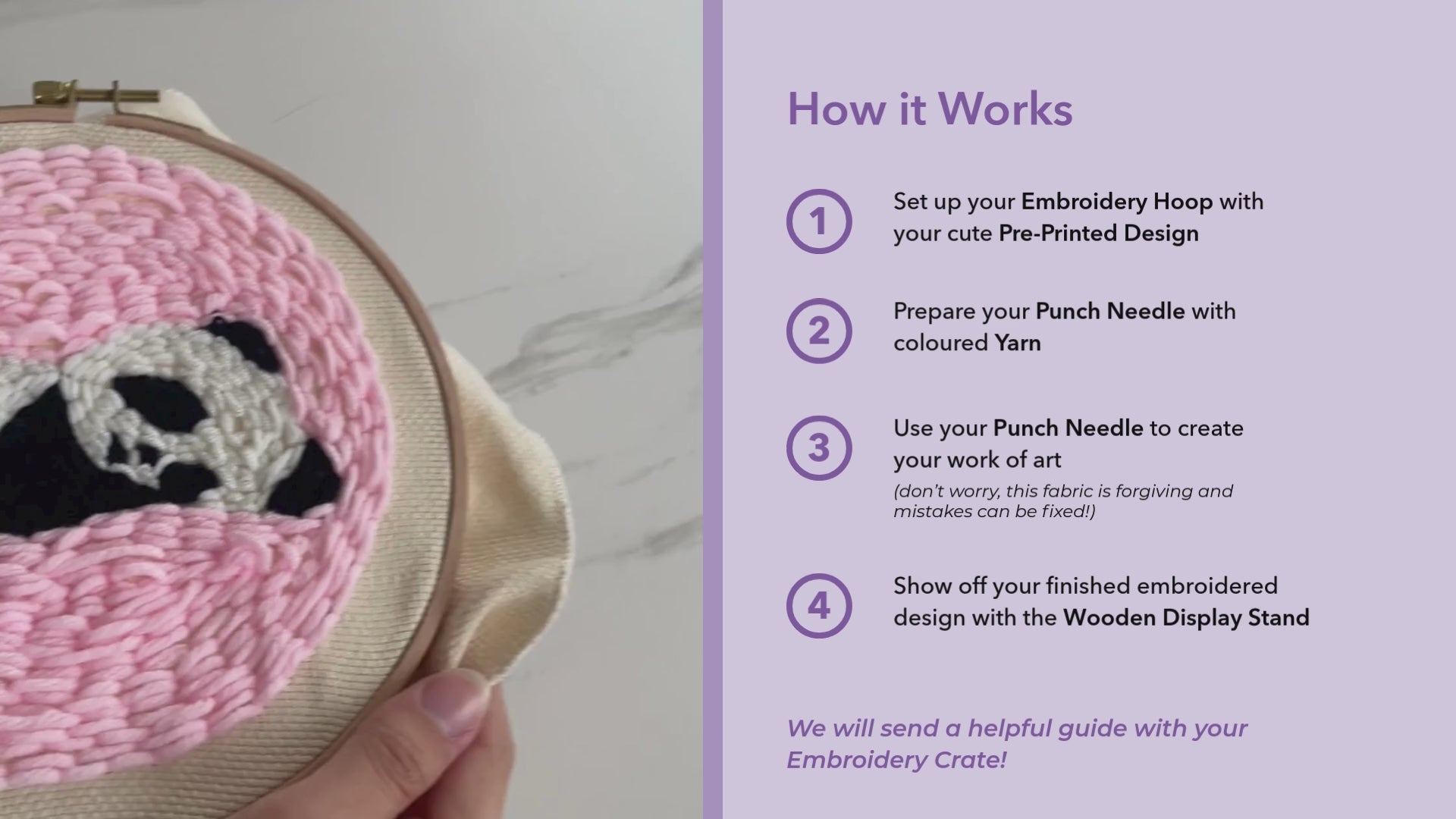 Load video: Video of beginning to end process putting together the pink and white panda embroidery design. On the left, and step-by-step &quot;How it Works&quot; embroidery instructions on a lavender background on the right, with purple icons and bolded keywords describing hoop setup, yarn preparation, punch needle usage, and displaying the finished piece