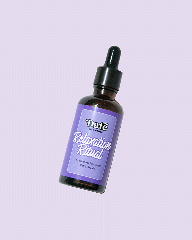 Date in a Crate Relaxation Ritual aromatherapy massage oil in 50ml glass bottle with dropper.